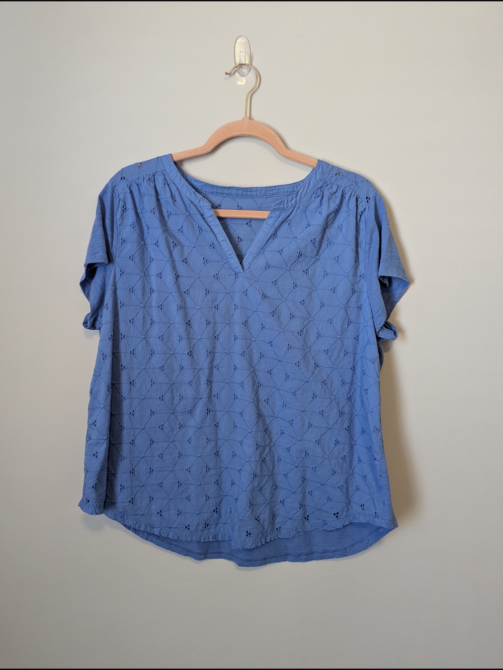 Blue Eyelet V-Neck Cotton Blouse Sz XL